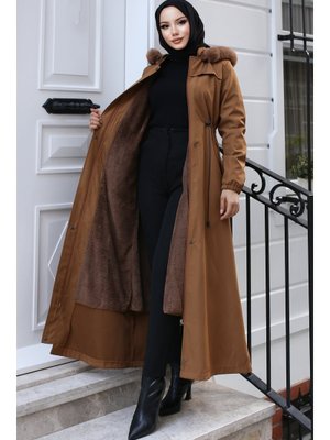 Taba İçi Peluşlu Yakası Kürklü Uzun Bondit Mont