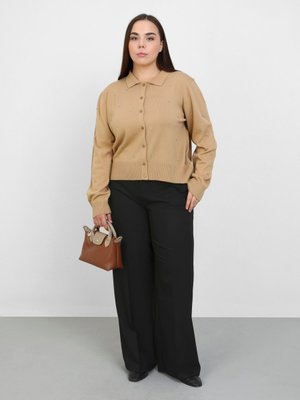 Büyük Beden Taş Detaylı Triko Hırka Vizon