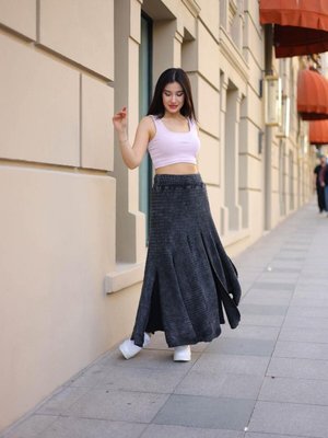 Antrasit Bohem Yıkamalı Parçalı Beli Lastikli Astarlı Koton Uzun Etek