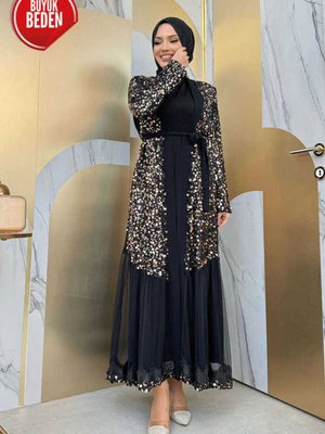 Büyük Beden Tül İşleme Detay Pul Payetli Abaya Gold Büyük Beden Tül İşleme Detay Pul Payetli Abaya Gold