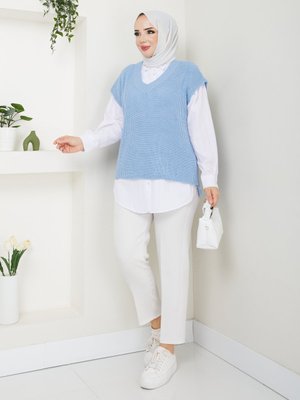Mavi V Yaka Süveter