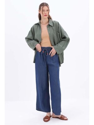 Koyu Mavi Beli Lastikli Denim Pantolon