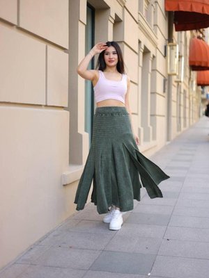 Haki Bohem Yıkamalı Parçalı Beli Lastikli Astarlı Koton Uzun Etek