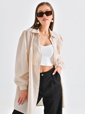 Bej Çizgili Bürümcük Kumaş Verev Roba Ve Büzgü Detaylı