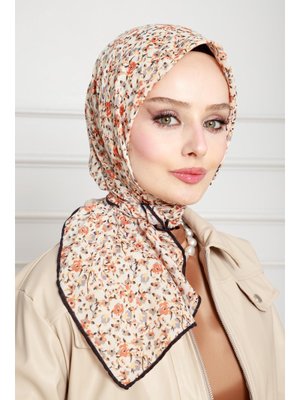 Turuncu Çiçek Desen Pamuklu Eşarp