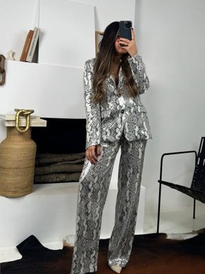 Gri Yılan Derisi Baskı Payet Pantolon