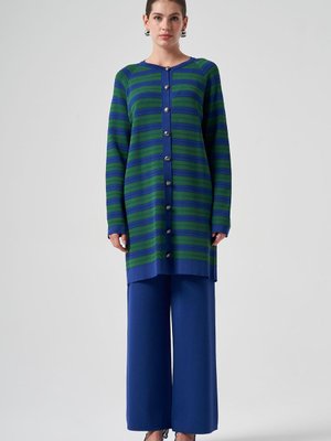 Merserize Triko Çizgili Hırka Pantolon Takım Saks