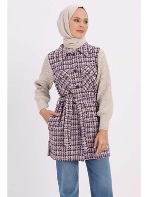 Mor Triko Garnili Kuşaklı Tüvit Hırka