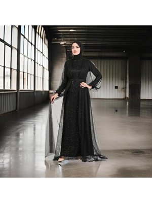 Pul Payetli Kemerli Şifon Detaylı Abiye Elbise