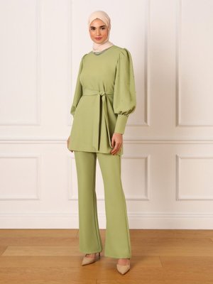 Taş Ve Düğme Detaylı Abiye Elbise Takım Kirli Yeşil