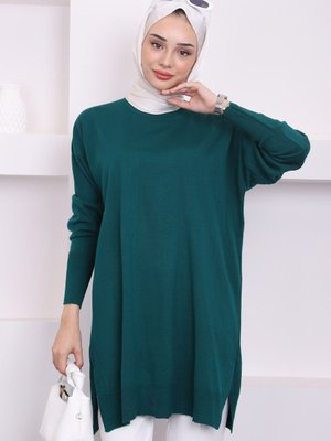 Zümrüt Yeşili Bisiklet Yaka İnce Merserize Salaş Triko Tunik Zümrüt Yeşili Bisiklet Yaka İnce Merserize Salaş Triko Tunik