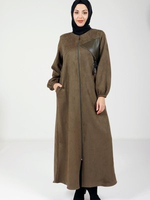 Haki Fermuarlı Deri Detaylı Renk Kışlık Süet Ferace