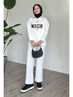 Nice Yazılı Fermuarlı Beyaz İkili Takım