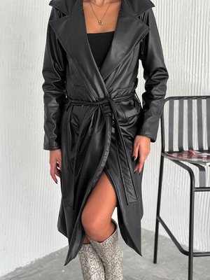 Siyah Astarlı Ve Kuşaklı Suni Deri Trençkot Siyah Astarlı Ve Kuşaklı Suni Deri Trençkot