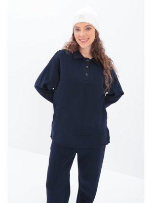 Lacivert Yanları Fermuarlı Yakalı Sweat Tunik
