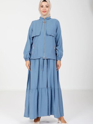 İndigo Kolu Lastikli Fermuarlı Ceket Elbise