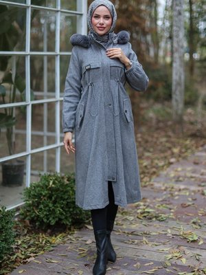 Gri Tünel Detaylı Kaşe Kaban