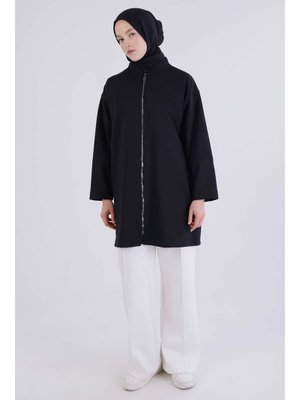 Siyah Fermuarlı Kolej Yakalı Ceket