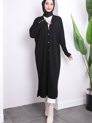 Siyah Düğmeli Uzun Soğuk İplik Merserize Hırka Siyah Düğmeli Uzun Soğuk İplik Merserize Hırka