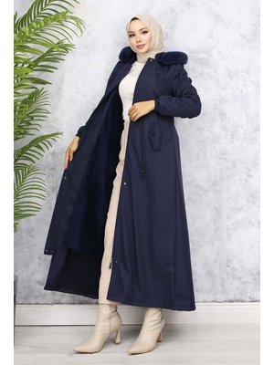 Lacivert İçi Peluşlu Yakası Kürklü Uzun Bondit Mont