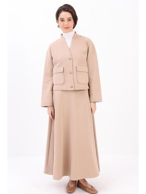 Bej Metal Düğmeli Şardonlu Etekli Takım