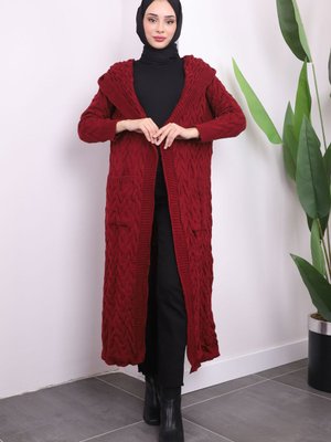 Bordo Kapüşonlu Cepli Örgü Triko Hırka