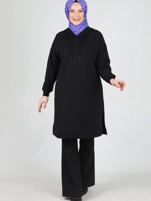 Büyük Beden Nakış Detaylı Kapüşonlu Ara Boy Tunik Siyah
