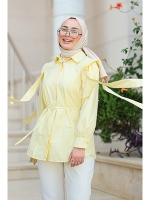 Sarı Pile Detay Önü Gizli Düğmeli Gömlek