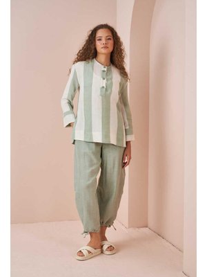 Yeşil Yanları Yırtmaçlı Müslin Kalın Çizgili Tunik