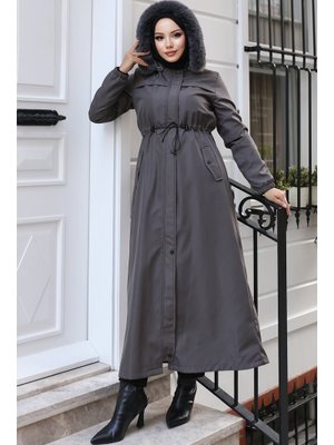 Antrasit İçi Peluşlu Yakası Kürklü Uzun Bondit Mont