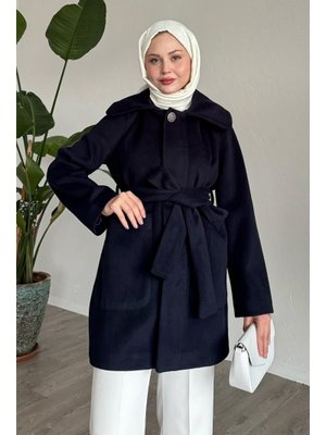 Düğme Detaylı Astarlı Lacivert Kısa Kaban