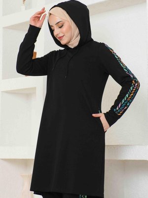 Kamuflaj Şeritli Kapüşonlu Eşofman Takımı Siyah