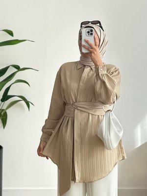 Kuşak Detay Uzun Kollu Gömlek