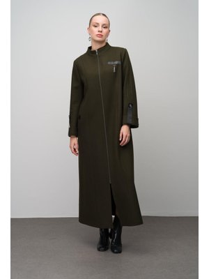 Haki Deri Ve Aksesuar Detaylı Yün Karışımlı Büyük Beden Pardesü