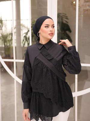 Verev Fırfır Ve Kolları Fisto Nakış Detaylı Beyaz Tunik Gömlek