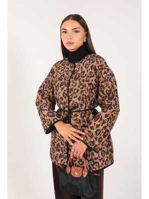 Sütlü Kahve Kapitone Leopar Mont