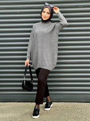 Bisiklet Yaka Kendınden Çizgili Triko Tunik Gri Nergis Neva