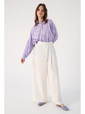 Beyaz Beli Lastikli Önü Pileli Bol Paça Pantolon Kırık Beyaz Beli Lastikli Önü Pileli Bol Paça Pantolon Kırık