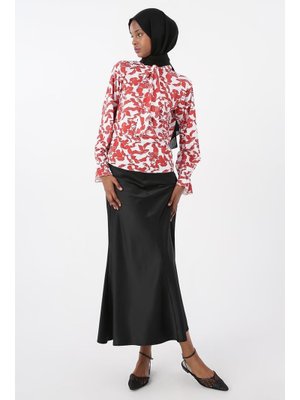 Yakası Bağlama Detaylı Crep Bluz Bordo Beyaz