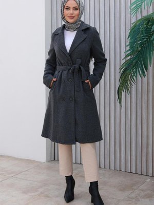 Antrasit Düğme Detaylı Kaşe Kaban