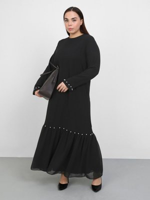Siyah Büyük Beden İnci Detaylı Elbise Siyah Büyük Beden İnci Detaylı Elbise