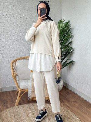 Kol Düğme Detaylı Takım Bej