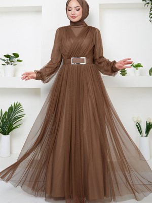 Kemeri Taş Detaylı Abiye Elbise Kahve Kemeri Taş Detaylı Abiye Elbise Kahve