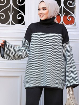 Desenli Siyah Triko Tunik Kazak