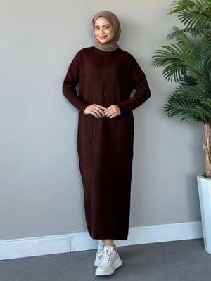 Fitilli Triko Elbise Kahverengi Fitilli Triko Elbise Kahverengi