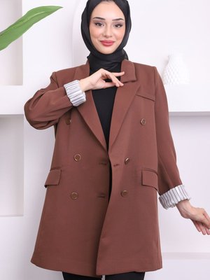 Kahverengi Kruvaze Yaka Çizgili Blazer Ceket