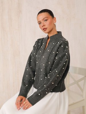 Antrasit İncili Triko Hırka