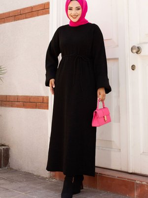 Beli İp Bağlamalı Düşük Kol Triko Elbise Siyah