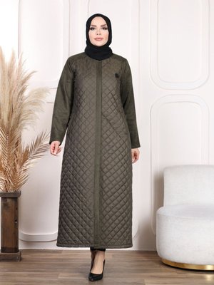 Fermuarlı Haki Mont Tam Boy Pardesü Kışlık Manto Kapitone