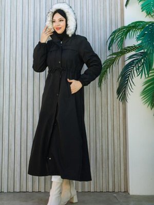 Belden Bağcık, Çıtçıt Ve Fermuar Detaylı Kapüşonlu Uzun Mont